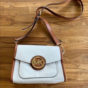 Michael Kors White and Brown Leather Crossbody with Gold MK Emblem